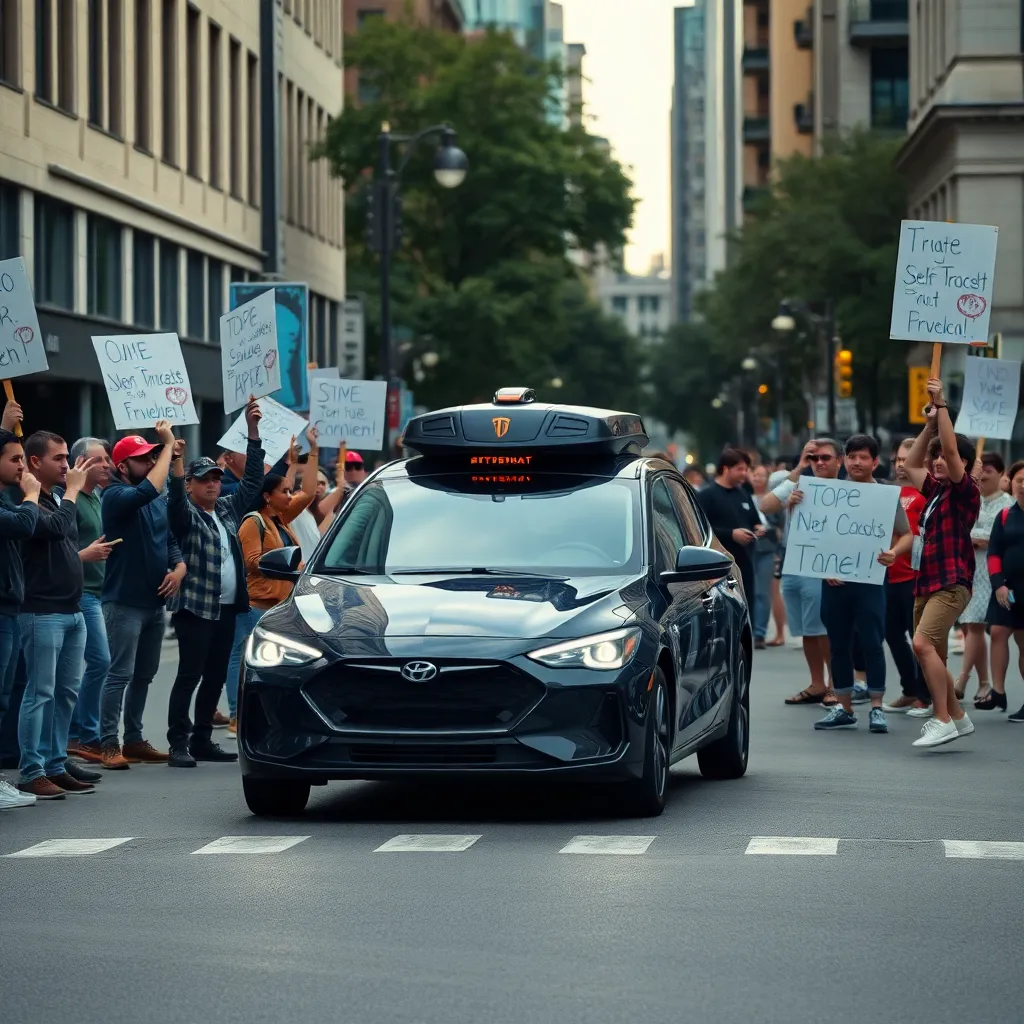 A group of people in a city street, some holding signs, others throwing objects at a self-driving car, urban background