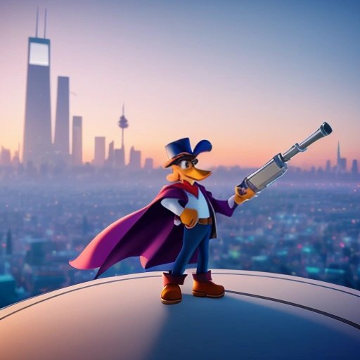 Darkwing Duck standing tall with the city skyline behind him