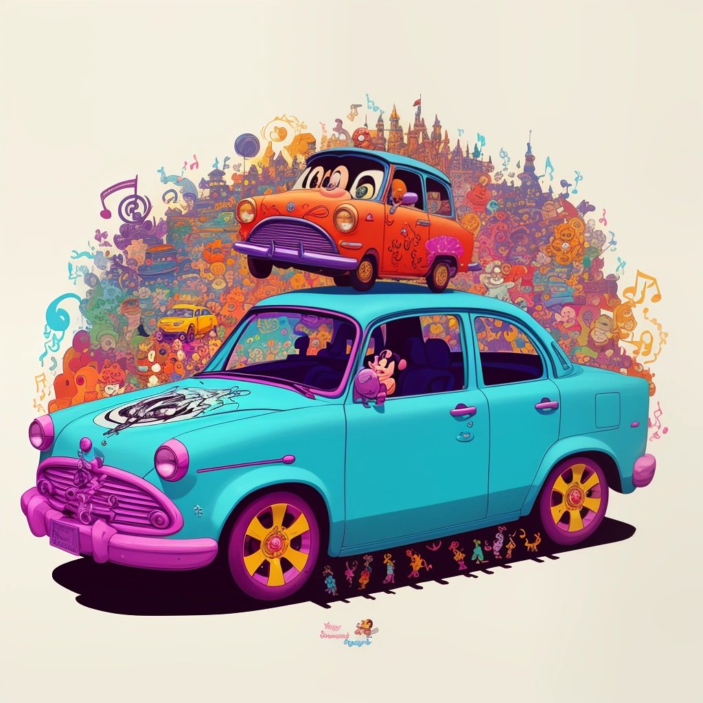 Car with Disney-themed muffler surrounded by Disney characters