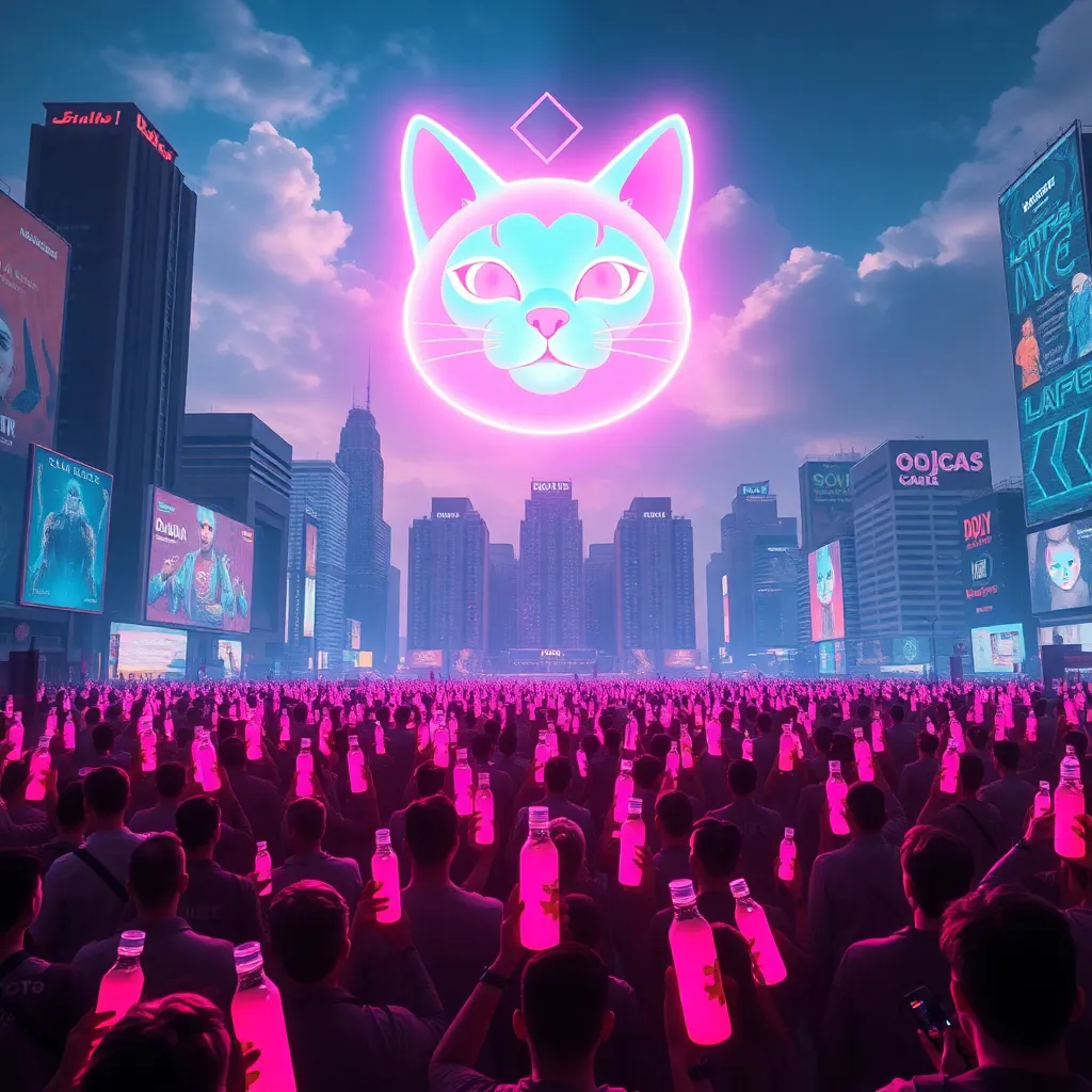 A massive crowd of people in a futuristic city square, all holding glowing pink bottles toward the sky as a giant holographic Doja Cat head hovers above them in the clouds