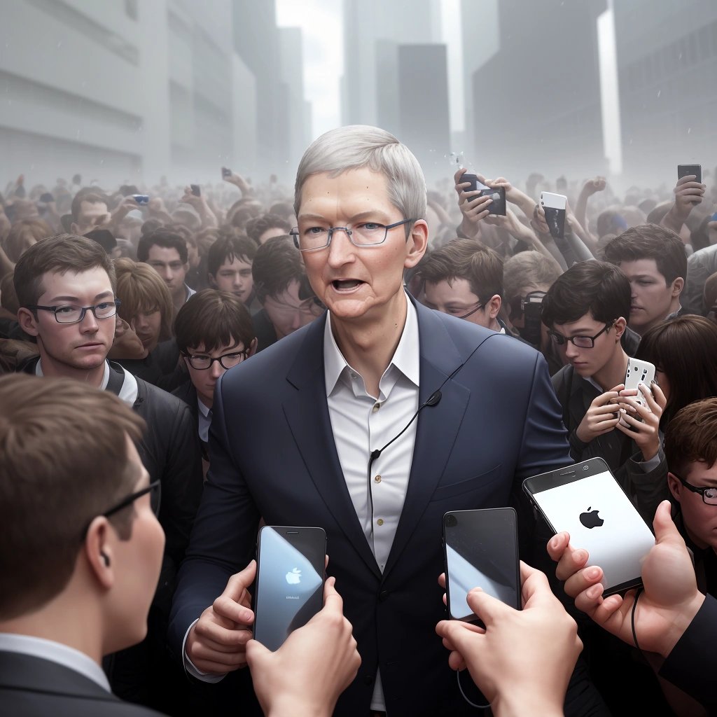 Tim Cook surrounded by people and USB C cables