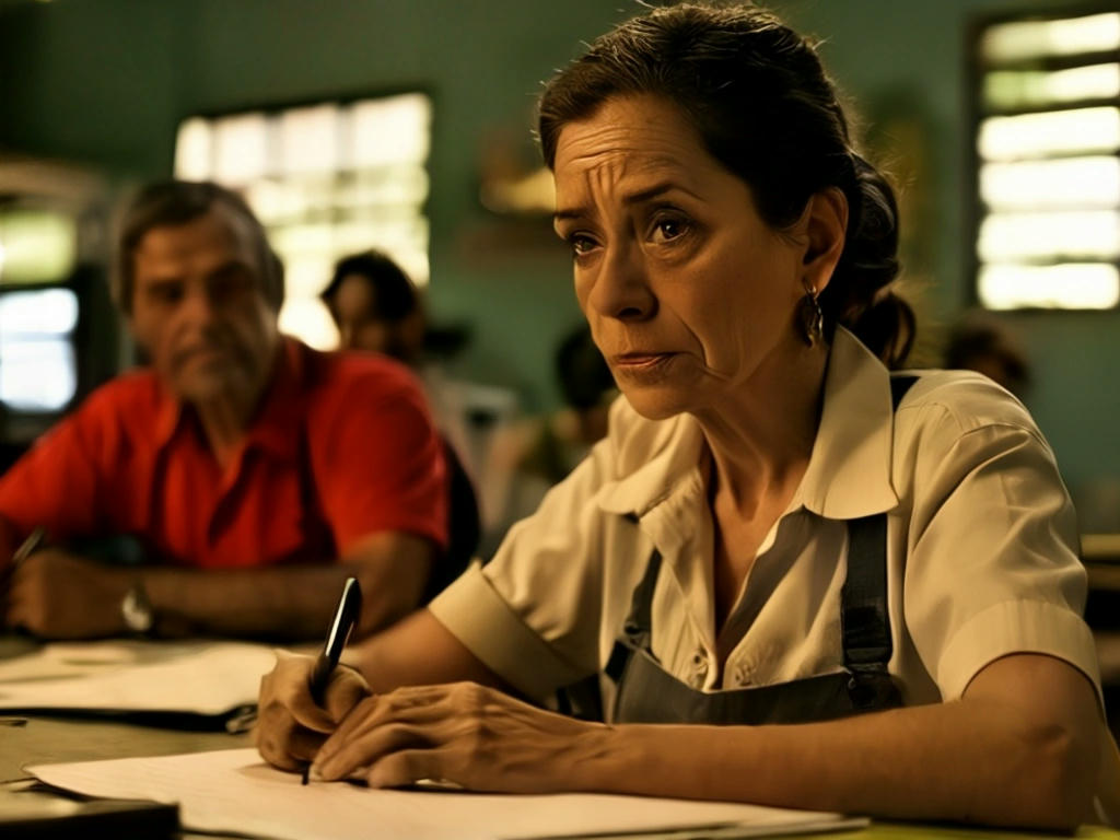 Cena do filme mostrando Maria Silva trabalhando em dois empregos, com expressões de cansaço e desespero