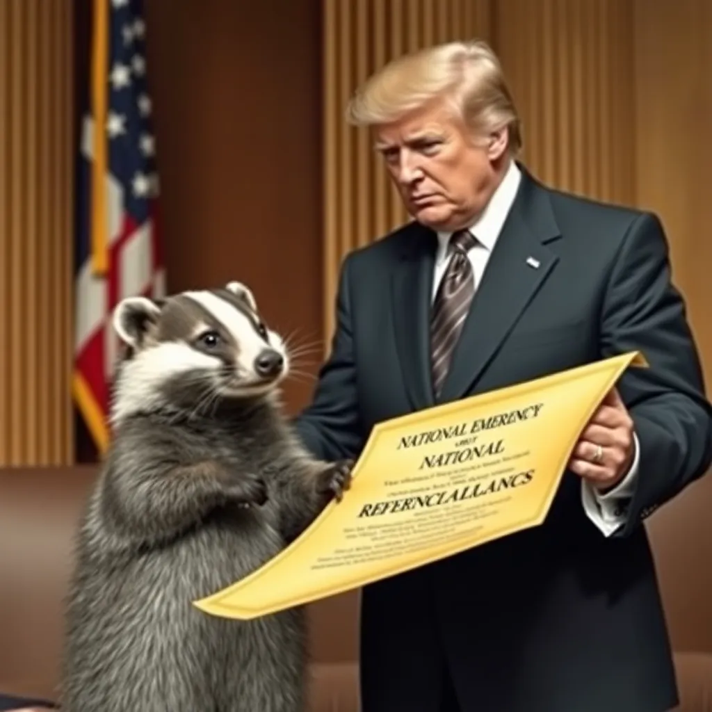 a solemn government official in a three-piece suit presenting a gilded scroll titled 'NATIONAL EMERGENCY ABOUT NATIONAL REFERENCES EMERGENCY PROCLAMATION' to a confused badger wearing a tiny top hat