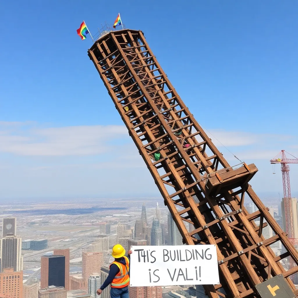 a wobbly wooden skyscraper leaning precariously over a city, its beams adorned with rainbow flags and glitter, while construction workers below hold a sign reading 'This Building Is Valid'