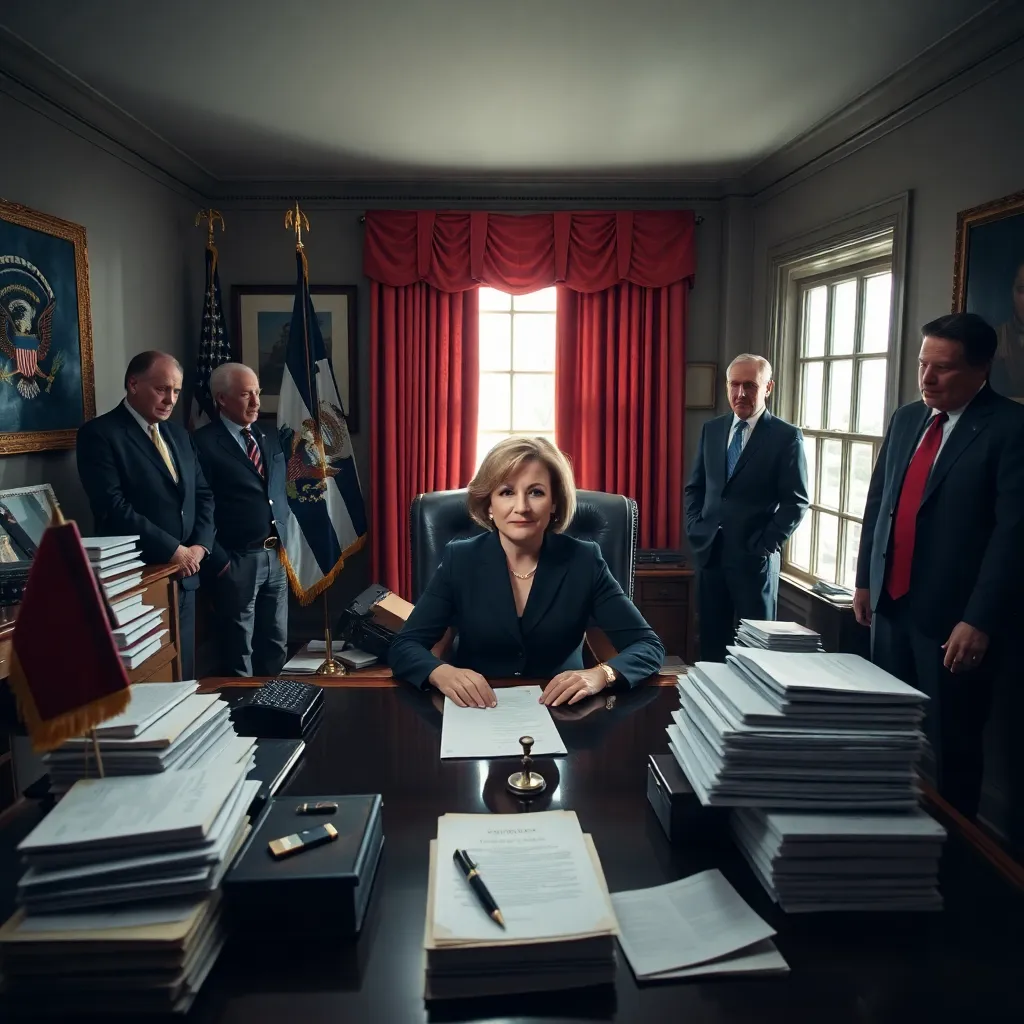 an improvised presidential office in a modest room, desk hastily arranged with flags, stacks of papers, ornate pen, determined woman seated with commanding posture while aides and skeptics hover nearby, sunlight through window, atmosphere of chaotic statecraft, realistic editorial photography