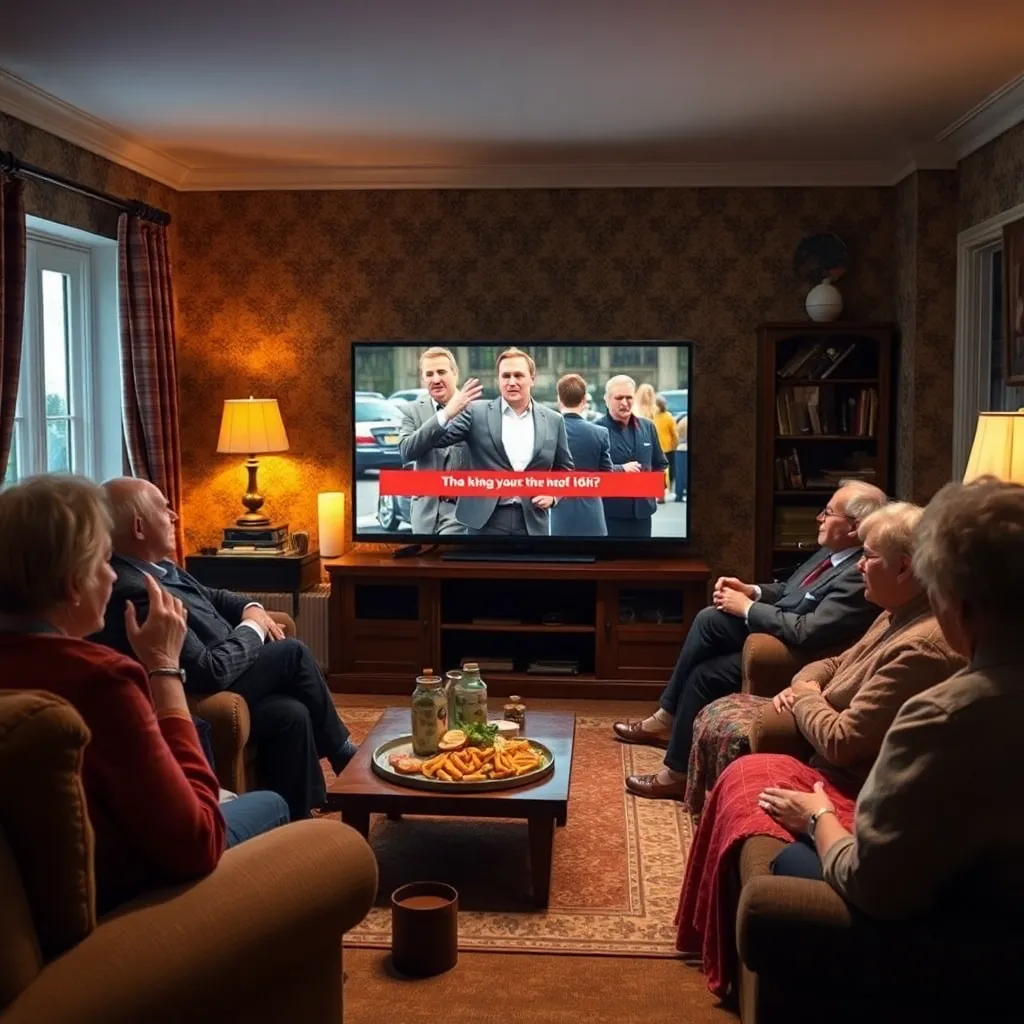 living room across several generations frozen in shock as television suddenly switches from a cozy crime drama to an emergency-style announcement, snacks suspended midair, dramatic domestic lighting, detailed British home interior, humorous realism
