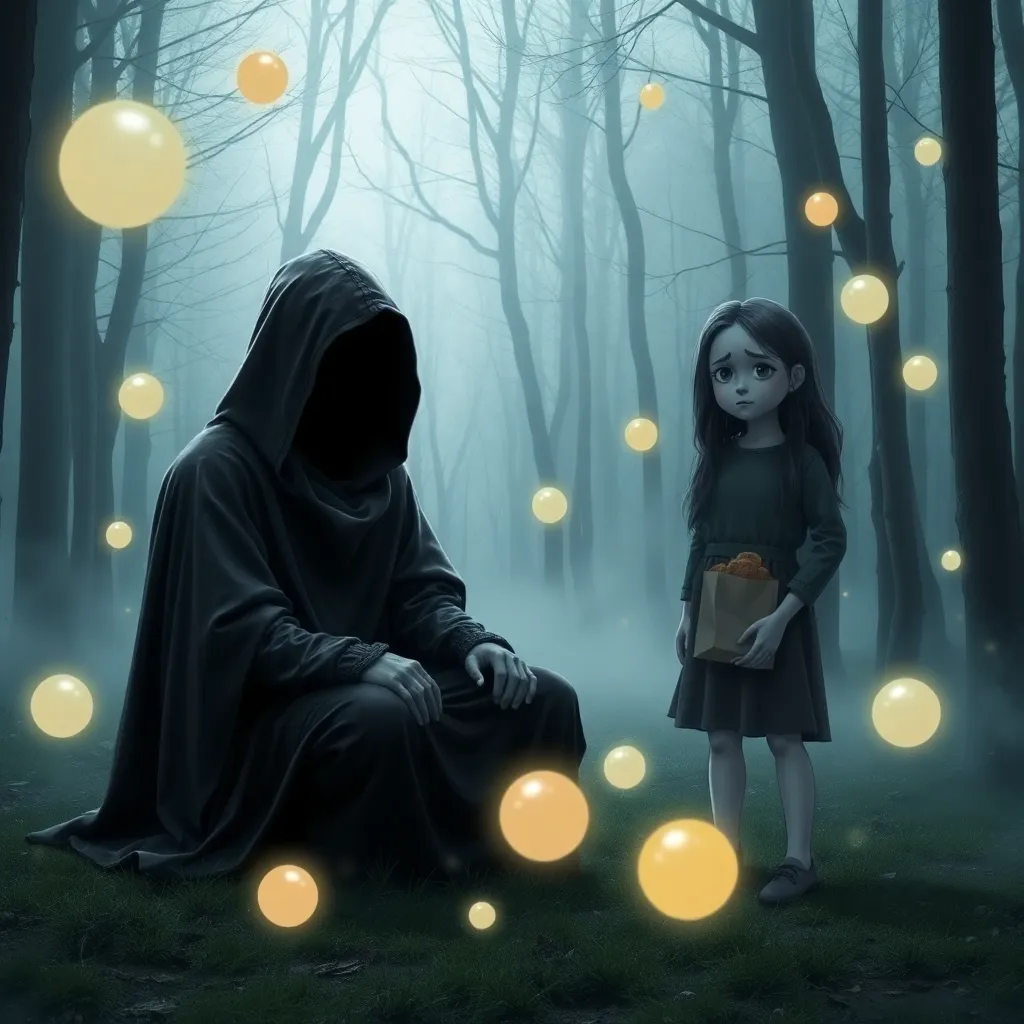 A mysterious person wearing a hooded cloak sitting in a misty forest, surrounded by floating glowing orbs, while a confused partner holds a bag of takeout burgers in the background.