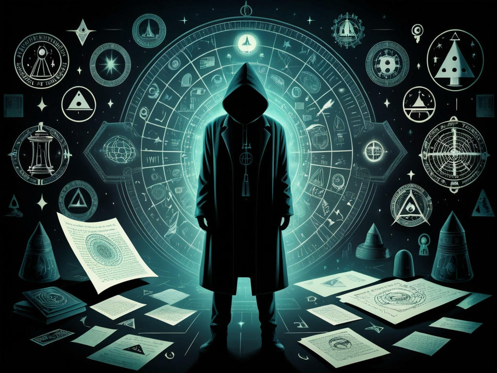 A mysterious and shadowy figure surrounded by conspiracy symbols like UFOs, secret documents, and cryptic codes