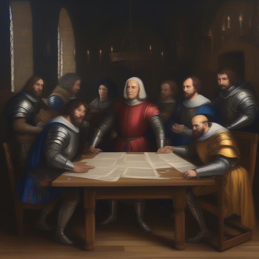 Renaissance-style oil painting of European leaders passing handwritten notes labeled 'Zoom password?' around a medieval table, with a glowing laptop replacing a holy grail at center