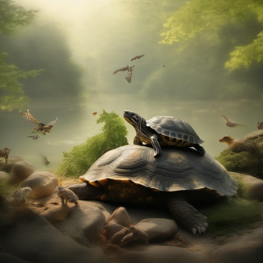 A turtle lounging on a rock, surrounded by smaller animals scurrying about.