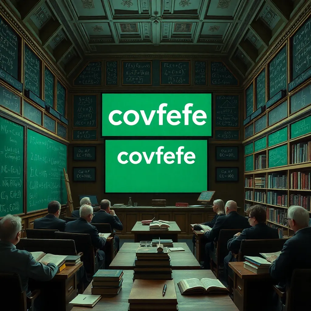 a group of scholars in a library, surrounded by books and chalkboards filled with equations, all focused on a large screen displaying the word 'covfefe'