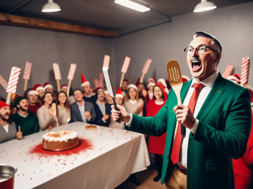 A charismatic leader giving a speech with a spatula in hand, surrounded by followers in a festive atmosphere