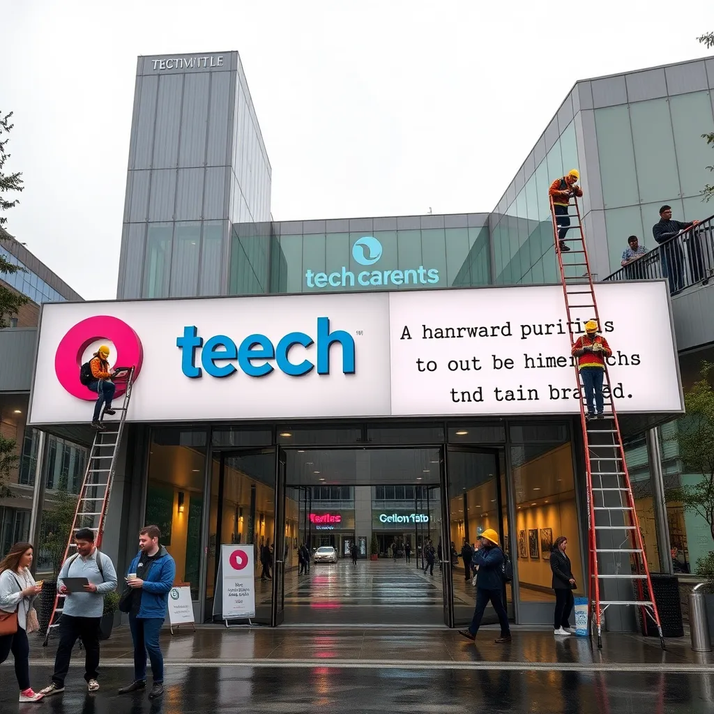 the entrance of a giant tech campus rebranded overnight, signs being swapped from shiny corporate logos to handmade principled slogans, confused employees holding laptops and coffee, rainy Pacific Northwest atmosphere, absurdly detailed office park scene with workers on ladders changing signage
