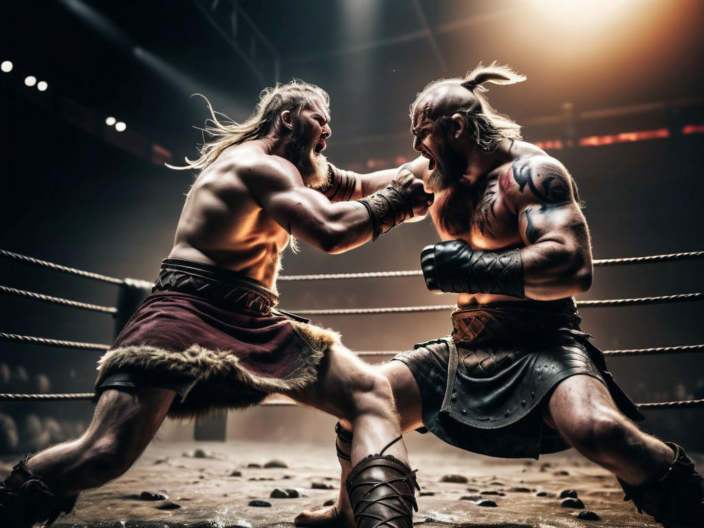 Epic MMA fight between a Viking warrior and a massive opponent, with dramatic lighting and intense action