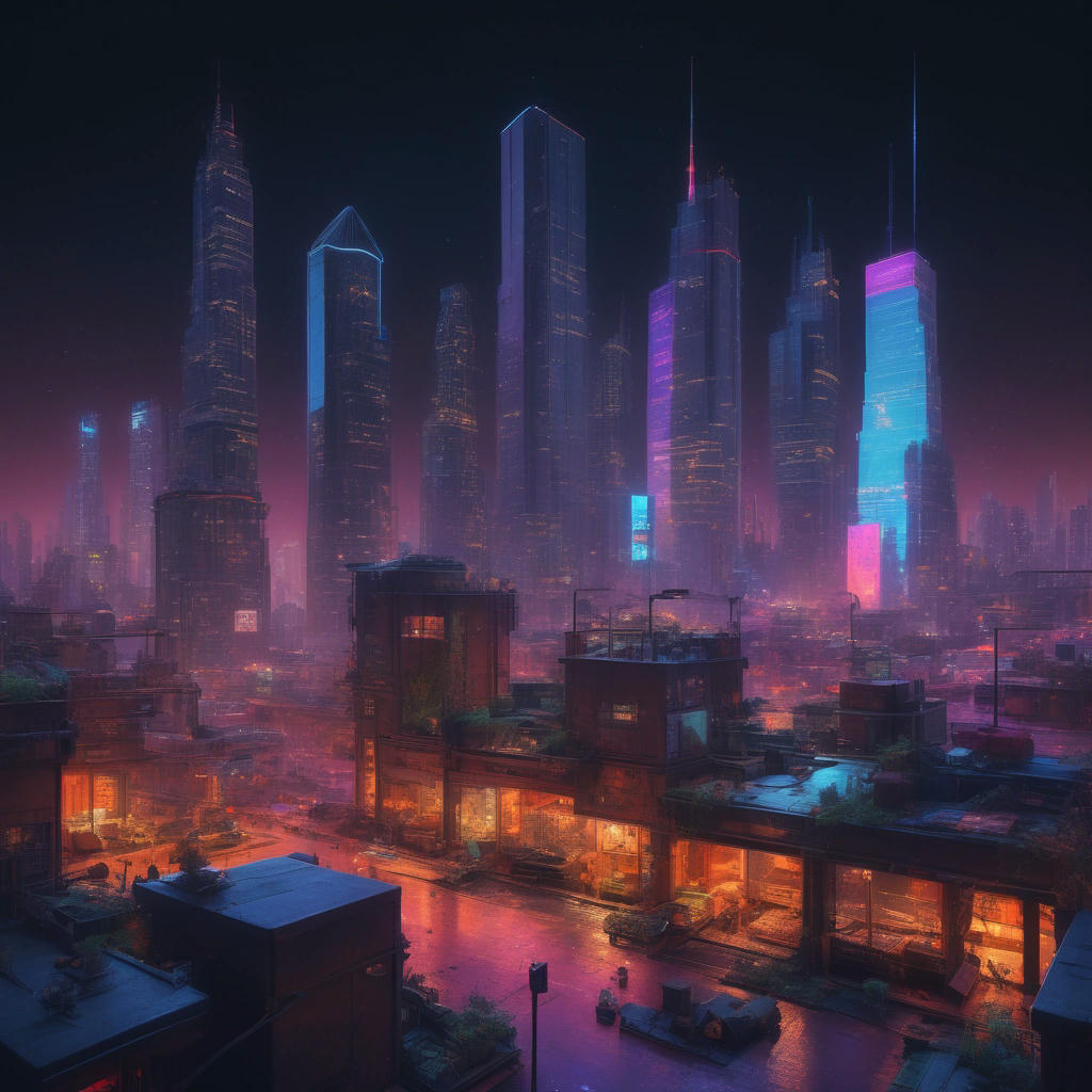 A bustling cityscape with cats and foxes going about their daily business, with towering skyscrapers shaped like cat trees and fox dens, neon lights illuminating the night sky, hyper-detailed, vibrant colors, concept art by Ash Thorp and Ian McQue