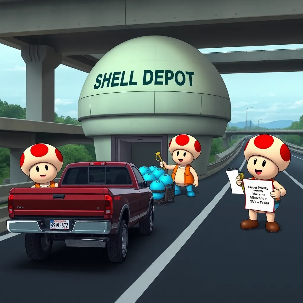 A mushroom-shaped concrete bunker labeled 'SHELL DEPOT' on a highway overpass, cheerful Toad characters in orange safety vests loading glowing Blue Shells into pickup trucks, one Toad holding a clipboard titled 'Target Priority: Minivans > SUVs > Teslas'