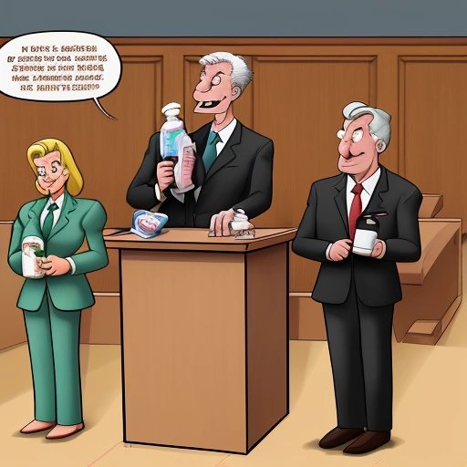Cartoon courtroom scene with customers and body wash bottles