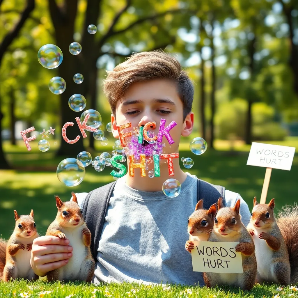 A Gen Z teenager mid-sentence vomiting glittering rainbow swear words like 'FCK' and 'SHT' as physical bubbles, surrounded by terrified squirrels holding tiny protest signs saying 'WORDS HURT', sunny park setting