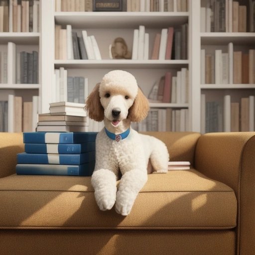 Relaxed Poodle with bone and books