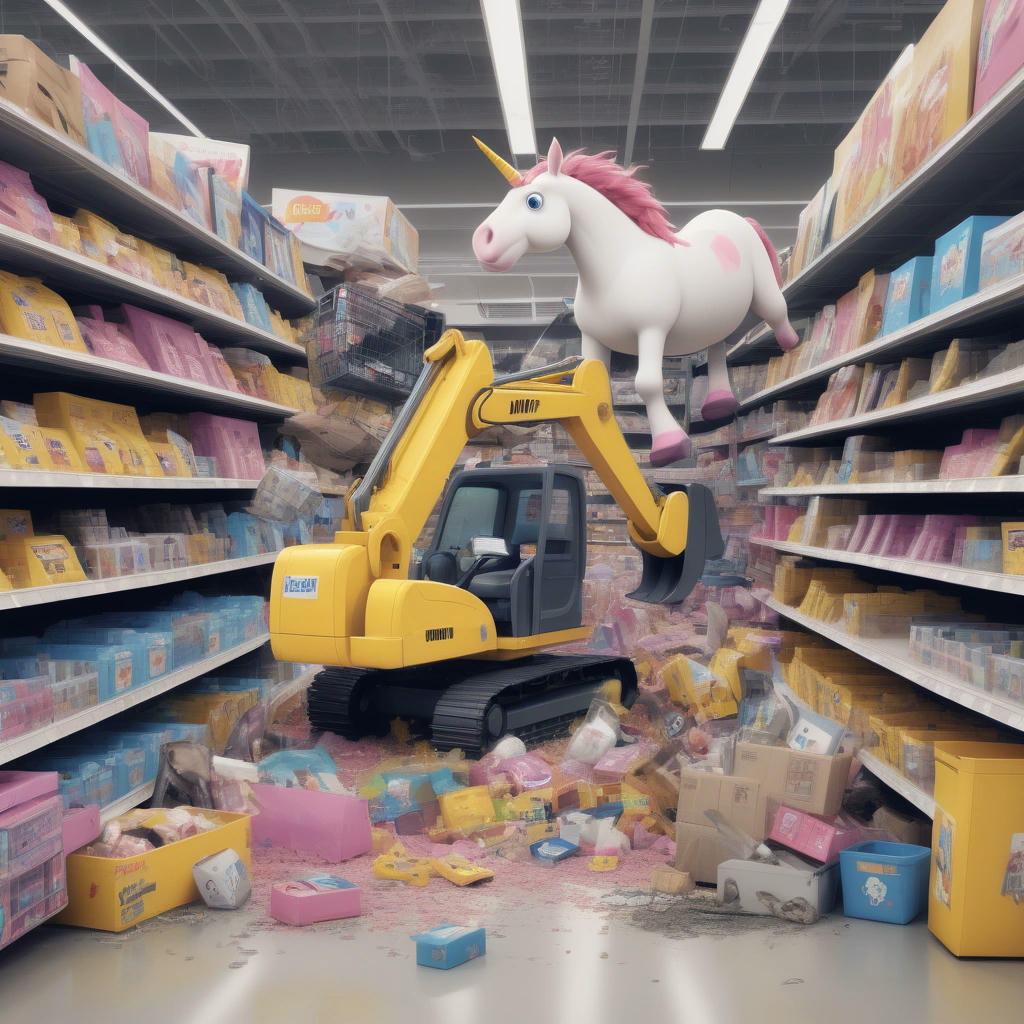 A humorous image of the excavator attempting to grab items from the shelves