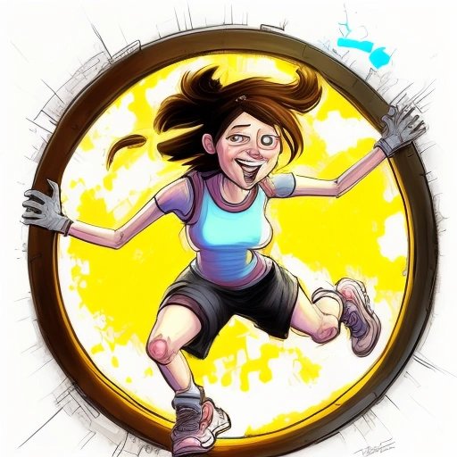 Chell jumping through a portal with GLaDOS in the background