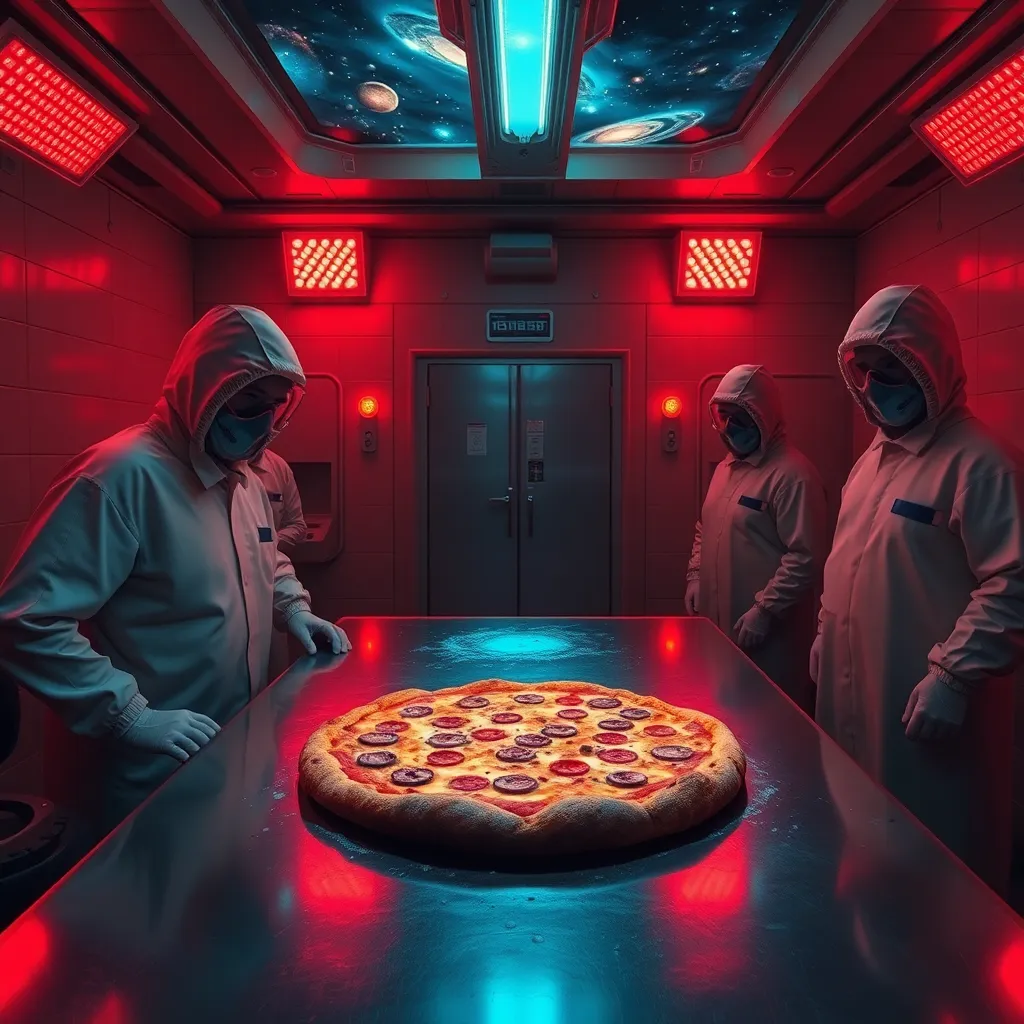a secret government laboratory analyzing a glowing pizza on a steel table, scientists in hazmat suits, holographic projections of galaxies and topping patterns, red emergency lights, dramatic sci-fi realism with absurd culinary details