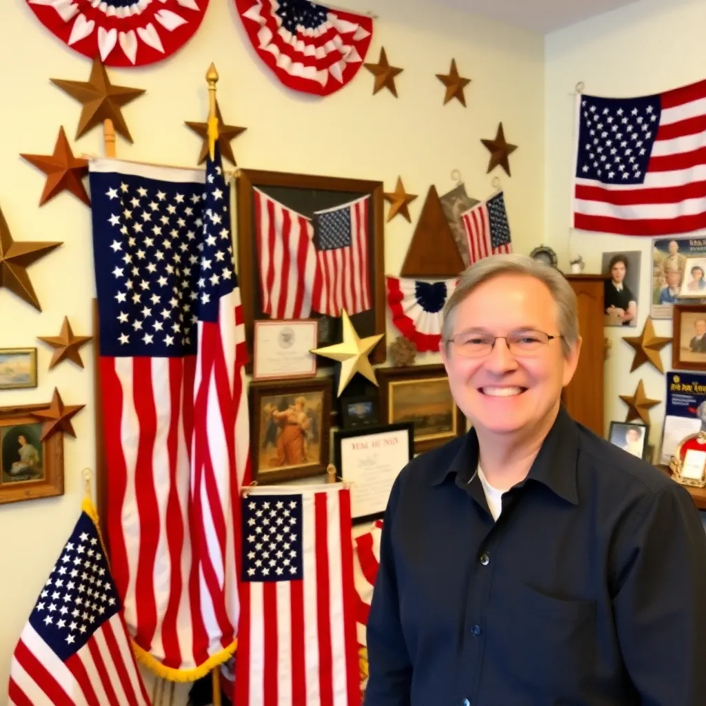 A room filled with American flags of various sizes, patriotic memorabilia, and a person smiling proudly