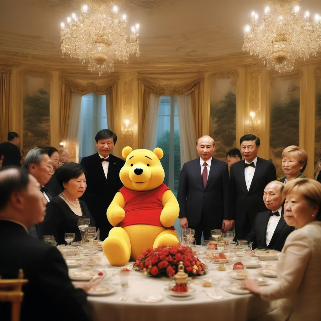 Xi Jinping and other world leaders at a state dinner with Winnie the Pooh.