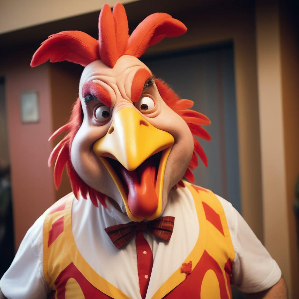 A Caucasian actor dressed as a rooster, winking at the camera.