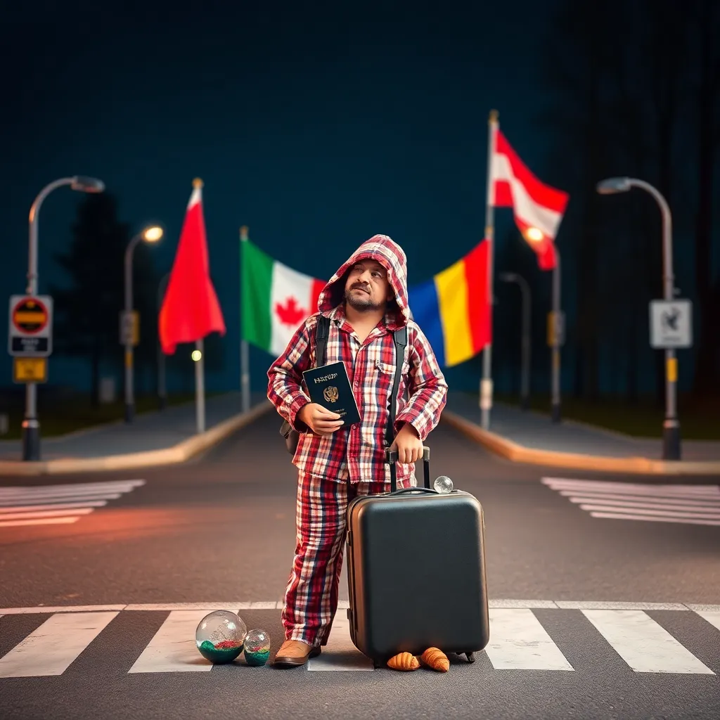exhausted tourist in pajamas standing at a tiny crossroads with four national flags, holding a passport overflowing with stamps, suitcase spilling croissants and snow globes