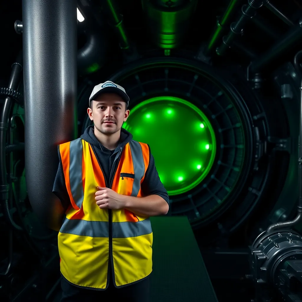 Linus Sebastian wearing a high-visibility vest and a backwards cap, holding a massive industrial-sized cooling pipe, standing inside the dark, metallic engine room of a nuclear aircraft carrier filled with glowing green coolant