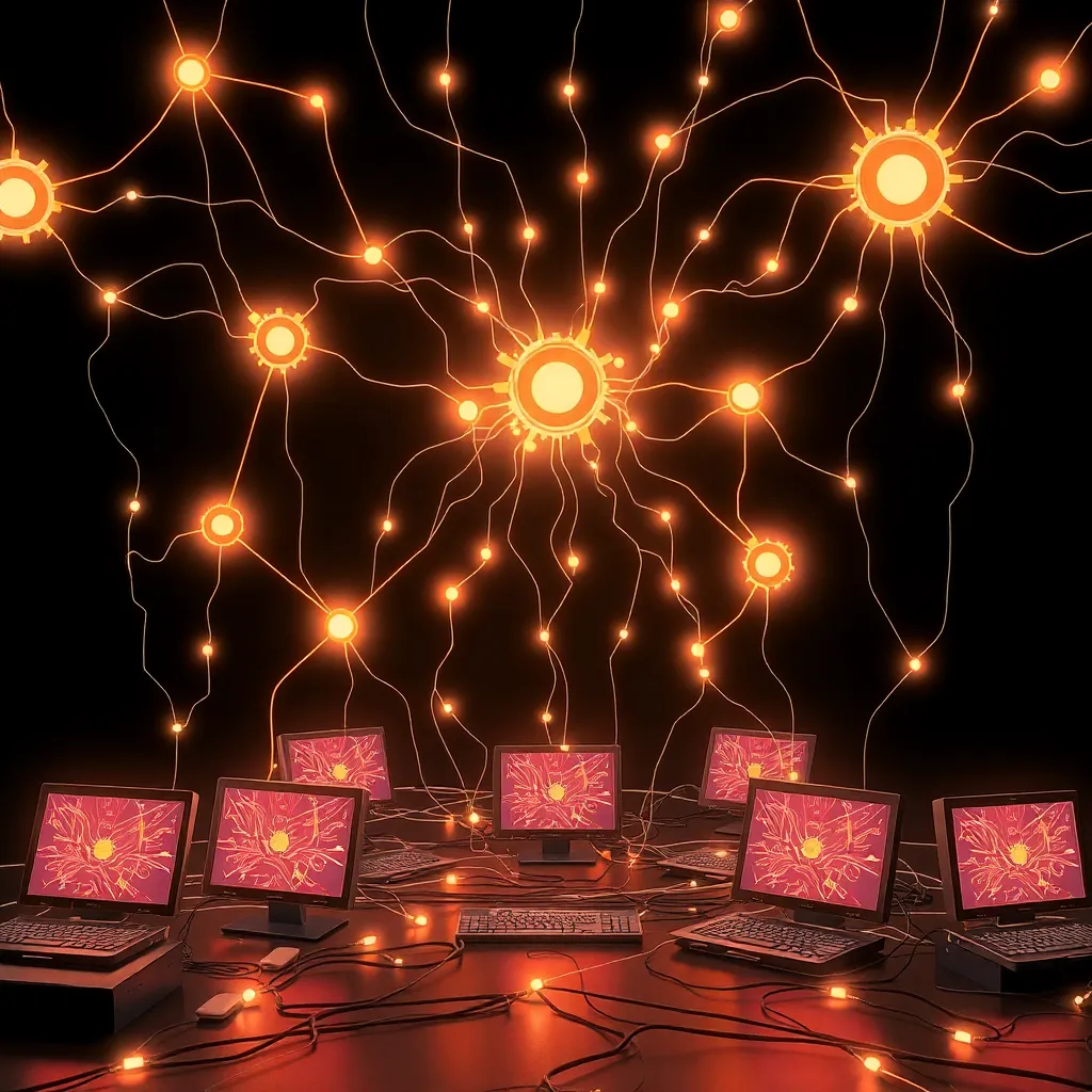 an abstract networked world of unusual computers connected by glowing threads, operating system as floating luminous architecture across devices, dark background, visionary editorial illustration