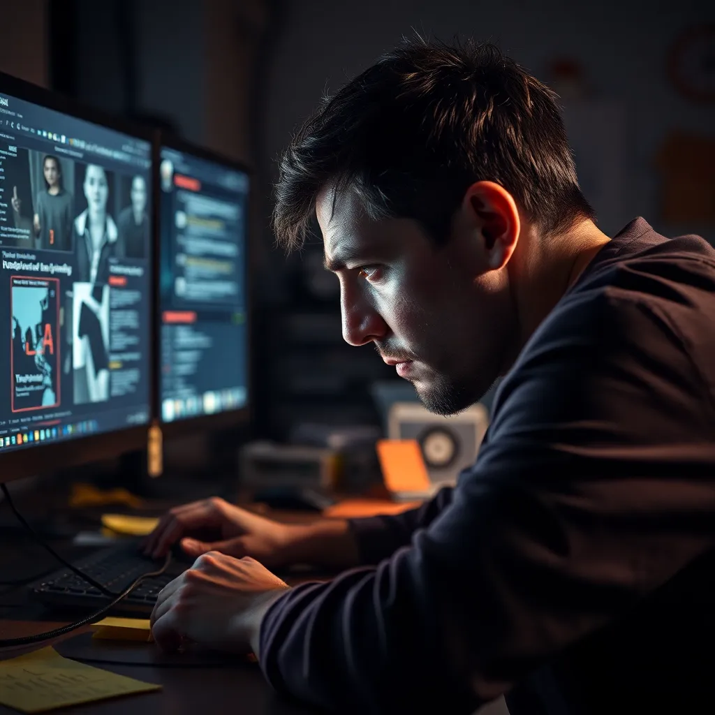 close-up cinematic portrait of an exhausted developer at midnight lit by monitor glow, staring at a screen with broken content previews, messy desk with cables and sticky notes, expression of tragic determination, ultra detailed realistic scene