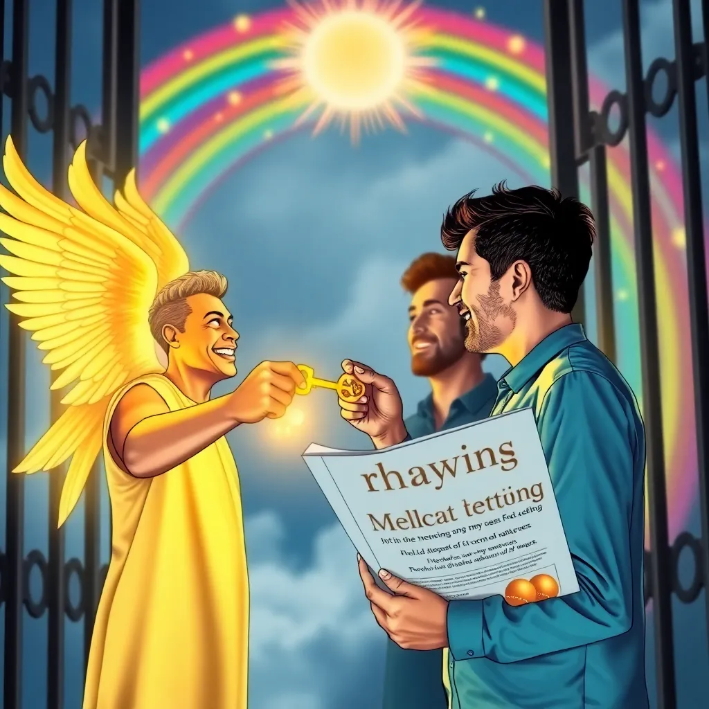 joyful diverse queer couple receiving glowing golden keys from smiling angel at rainbow-streaked pearly gates, straight couple in background looking at 'Milton Keynes Relocation Package' brochure with horror