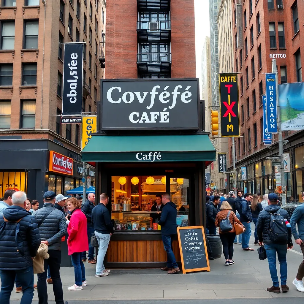a bustling New York street with a pop-up shop featuring a sign that reads 'Covfefe Café', people lined up outside, vibrant city life