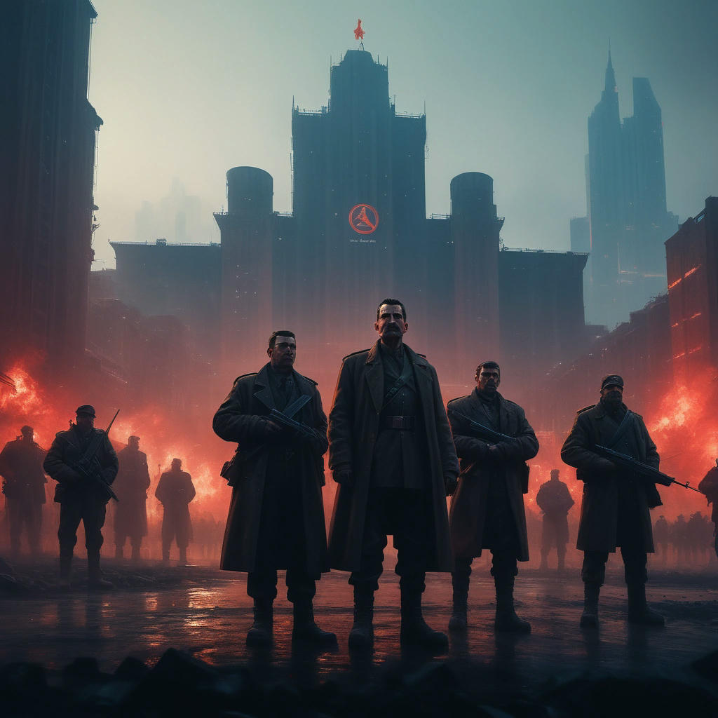 A group of rebels, armed and determined, standing in front of a cityscape with a giant Stalin looming in the background, his eyes glowing with magic, 4k, cinematic, dramatic lighting, concept art by Ian McQue