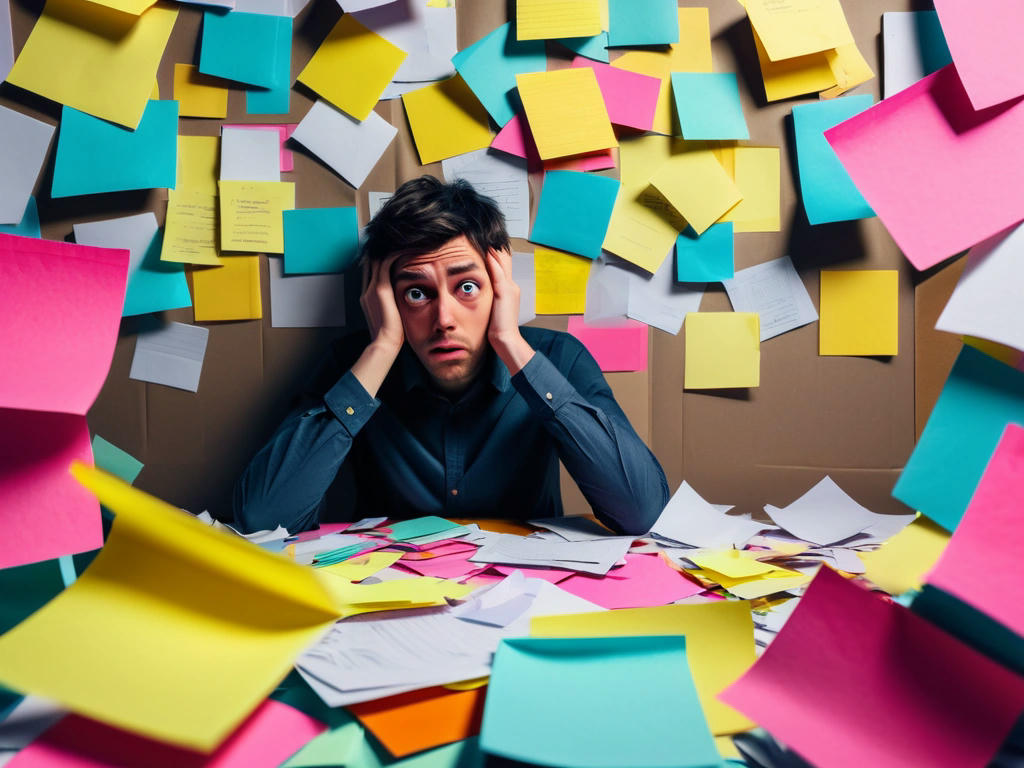 a person surrounded by sticky notes and scraps of paper, looking overwhelmed and confused