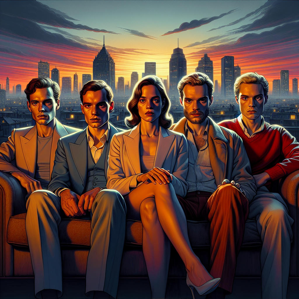 A stylized illustration of the four contestants sitting on a couch, looking directly at the camera, with a cityscape at sunset in the background, vibrant colors, high contrast, detailed, 4k, cinematic lighting, concept art by Daniel Dociu and Loish