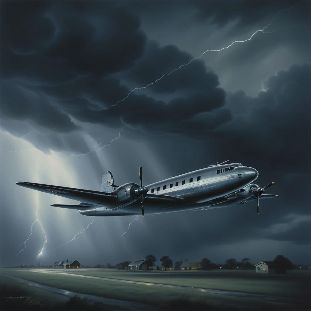 A Lockheed Electra encountering mysterious, shadowy figures mid-flight – artist's conception.