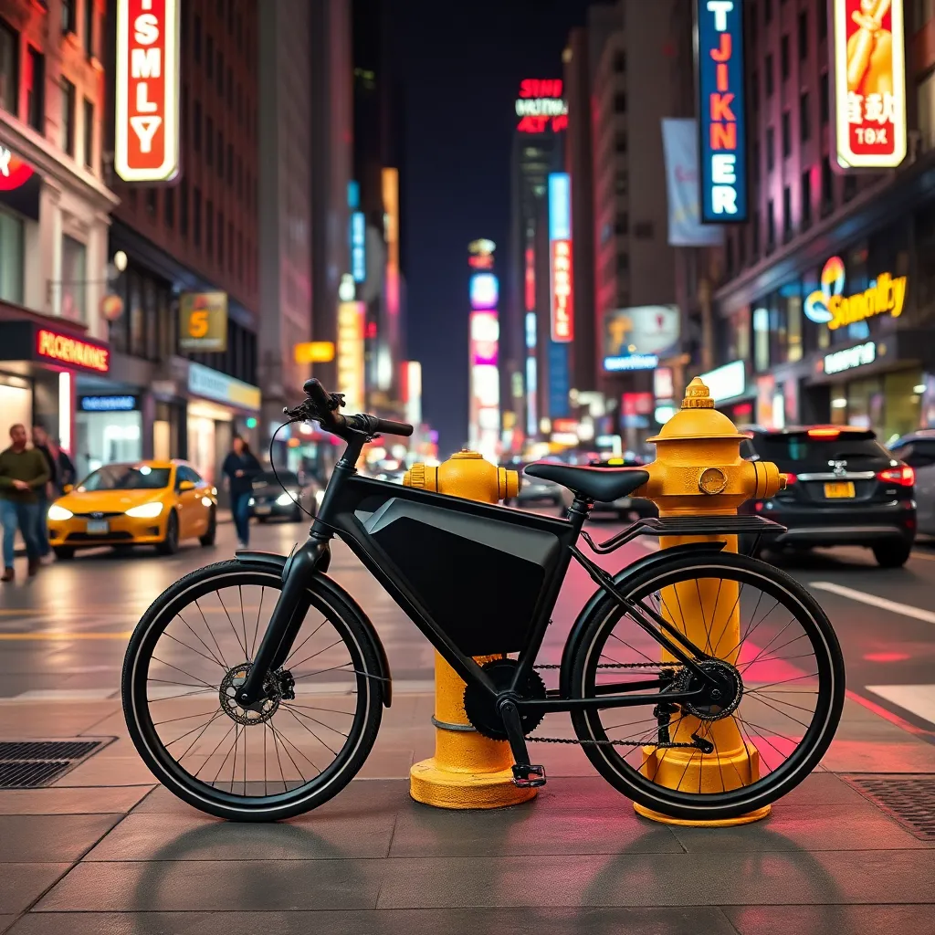 A sleek black Tesla bicycle chained to a golden fire hydrant in the middle of a busy futuristic New York City sidewalk, neon lights, cinematic atmosphere