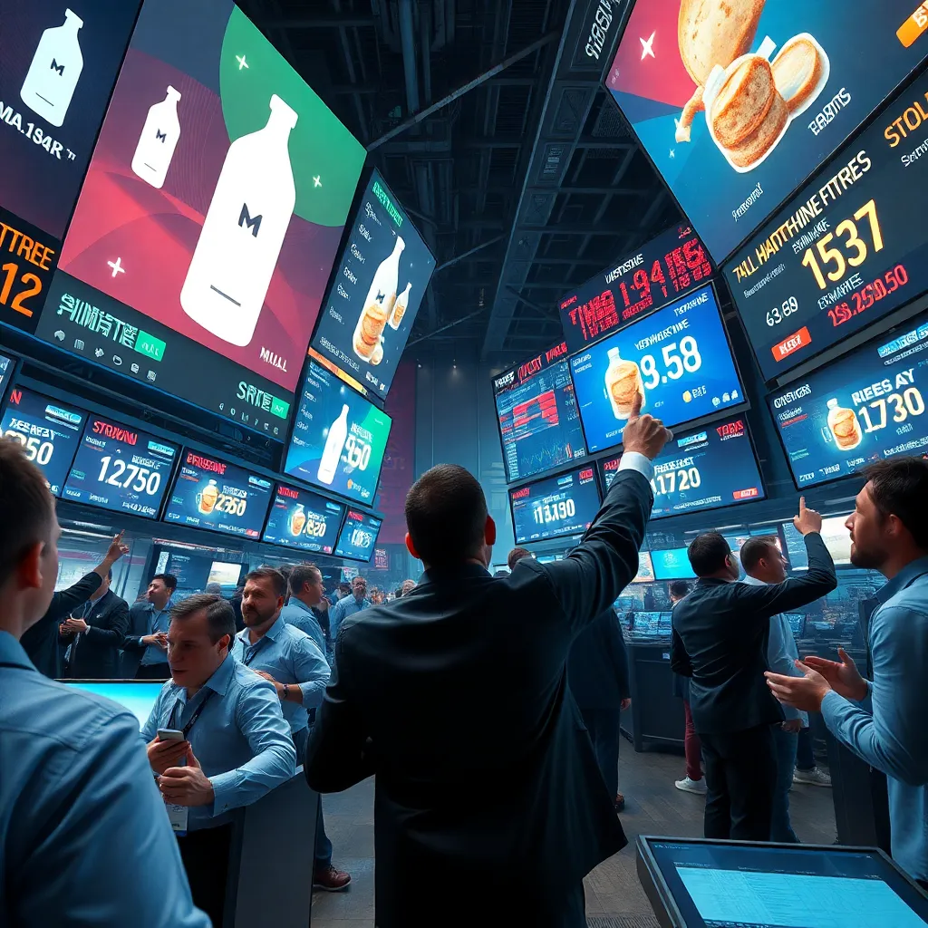 A futuristic stock market floor where traders are screaming and pointing at giant digital screens showing falling milk bottle icons and rising bread prices, chaotic atmosphere, 8k resolution
