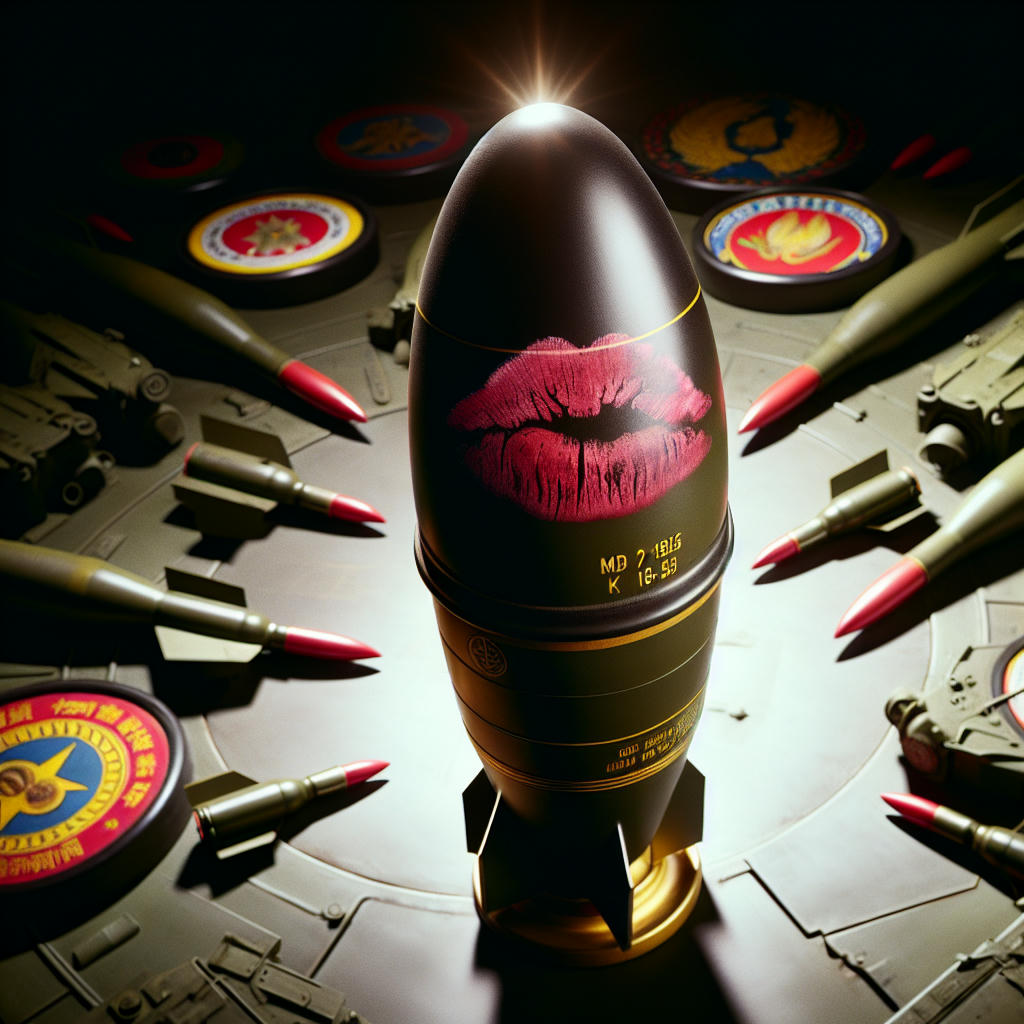 A close-up of a warhead with Kim Jong-un's lipstick mark on it, surrounded by North Korean military insignia, highly detailed, realistic, dramatic lighting, photo-realism