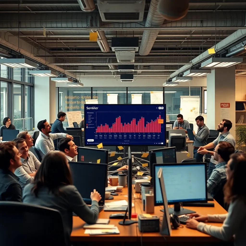 open plan tech office in chaos, employees laughing uncontrollably around desks while a sleek artificial intelligence dashboard on large monitors asks for clarification, sticky notes everywhere, one person dramatically pointing, cinematic office comedy scene
