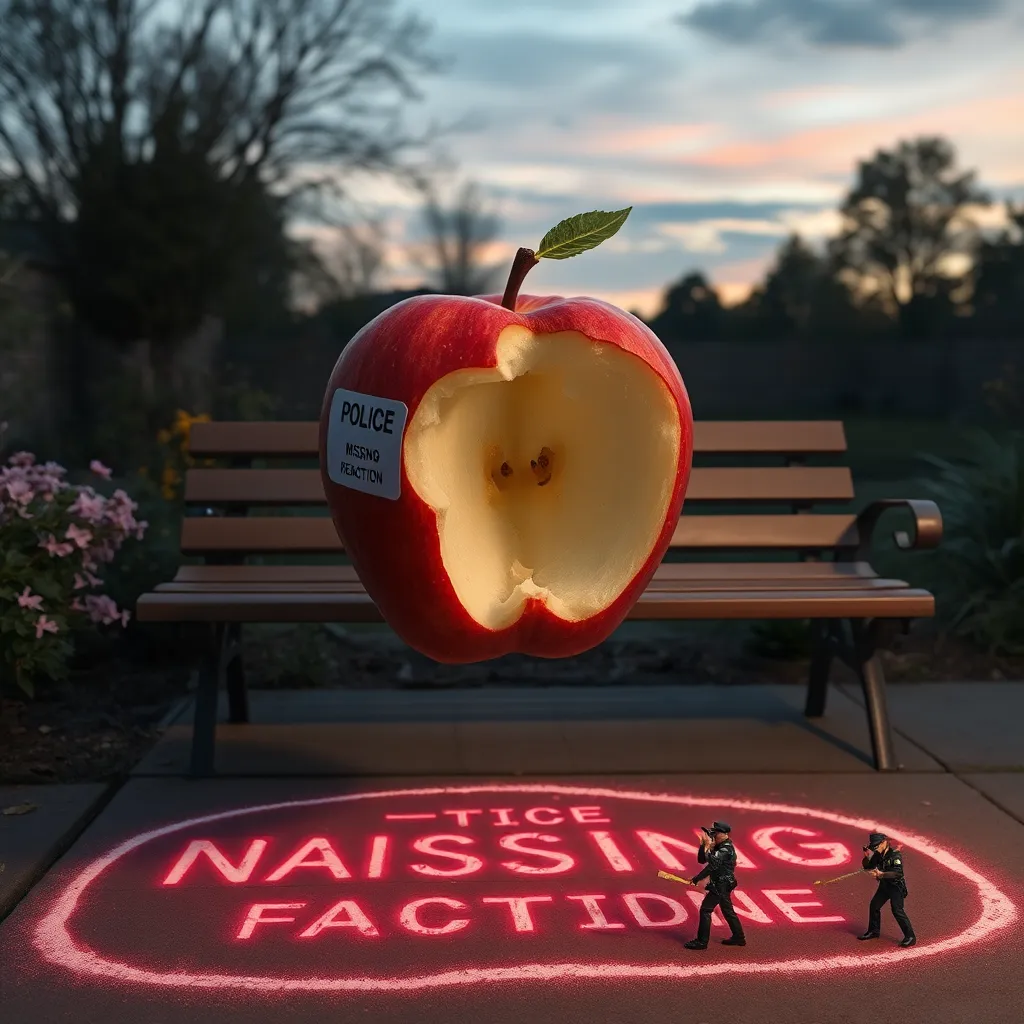 A shattered apple with police evidence tags floating mid-air above a Newtonian-style garden bench, police chalk outline of a 'missing reaction force,' tiny DUC officers measuring spacetime ripples with rulers, surreal twilight setting