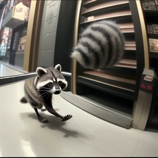 Raccoon dodging laser alarms in a jewelry store