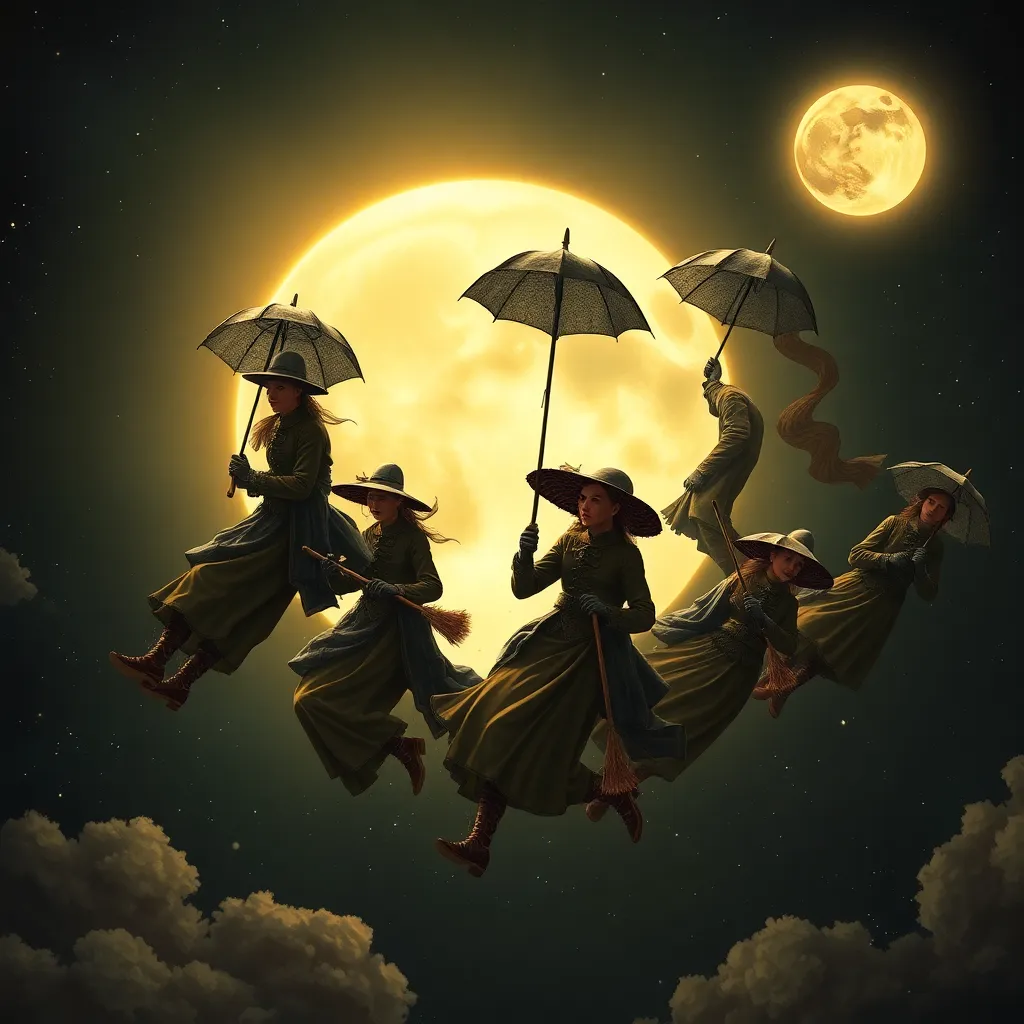 A group of Victorian chimney sweeps floating in space without helmets, holding umbrellas and soot brushes, orbiting a glowing moon, steampunk aesthetic, highly detailed