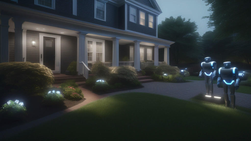 residential neighborhood in Boston with robotic assistants stepping out of homes, LED eyes glowing, robotic gardeners in parks, high quality, extremely detailed, photorealistic, dramatic lighting