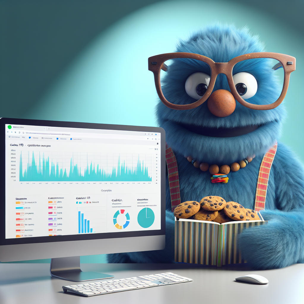 Cookie Monster wearing glasses and reading a manual on cookies.