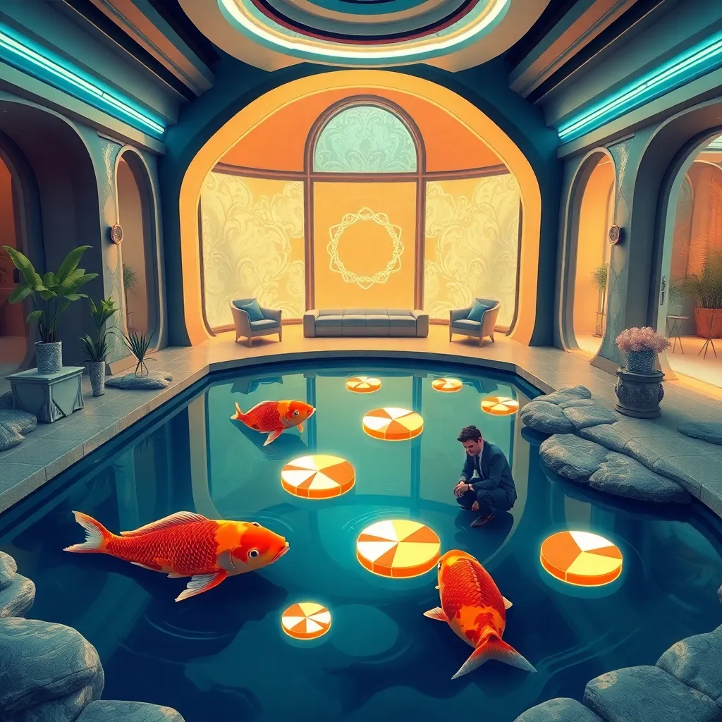a bizarre virtual koi pond inside a futuristic mansion, koi fish wearing tiny business consultant accessories, glowing pie charts in the water, anxious house sitter kneeling at pond edge, dreamlike colors, humorous surrealism, polished magazine illustration style