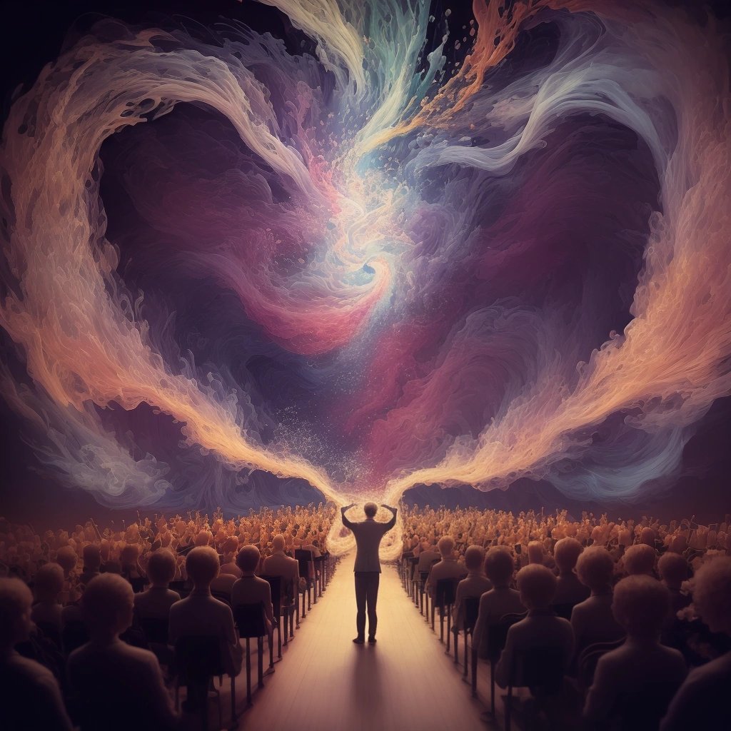 Person surrounded by swirling violins